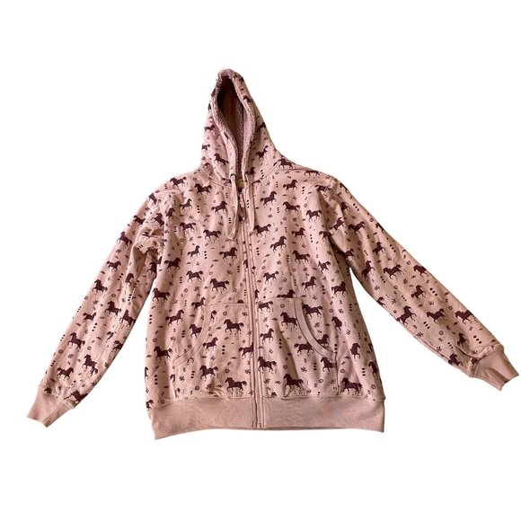 NWT Blue Mountain Pink Hooded Full-Zip Sherpa-Lined Jacket Horse Print XL - Picture 1 of 13